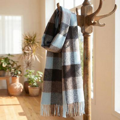 Alpaca wool turquoise blue checked scarf