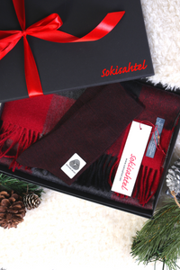 Alpaca wool checkered scarf and red DOORA socks gift box for women