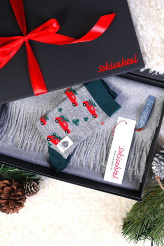 Alpaca wool grey scarf and merino wool CAR PLAY socks gift box for men