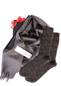 Alpaca wool grey scarf and wool socks gift box
