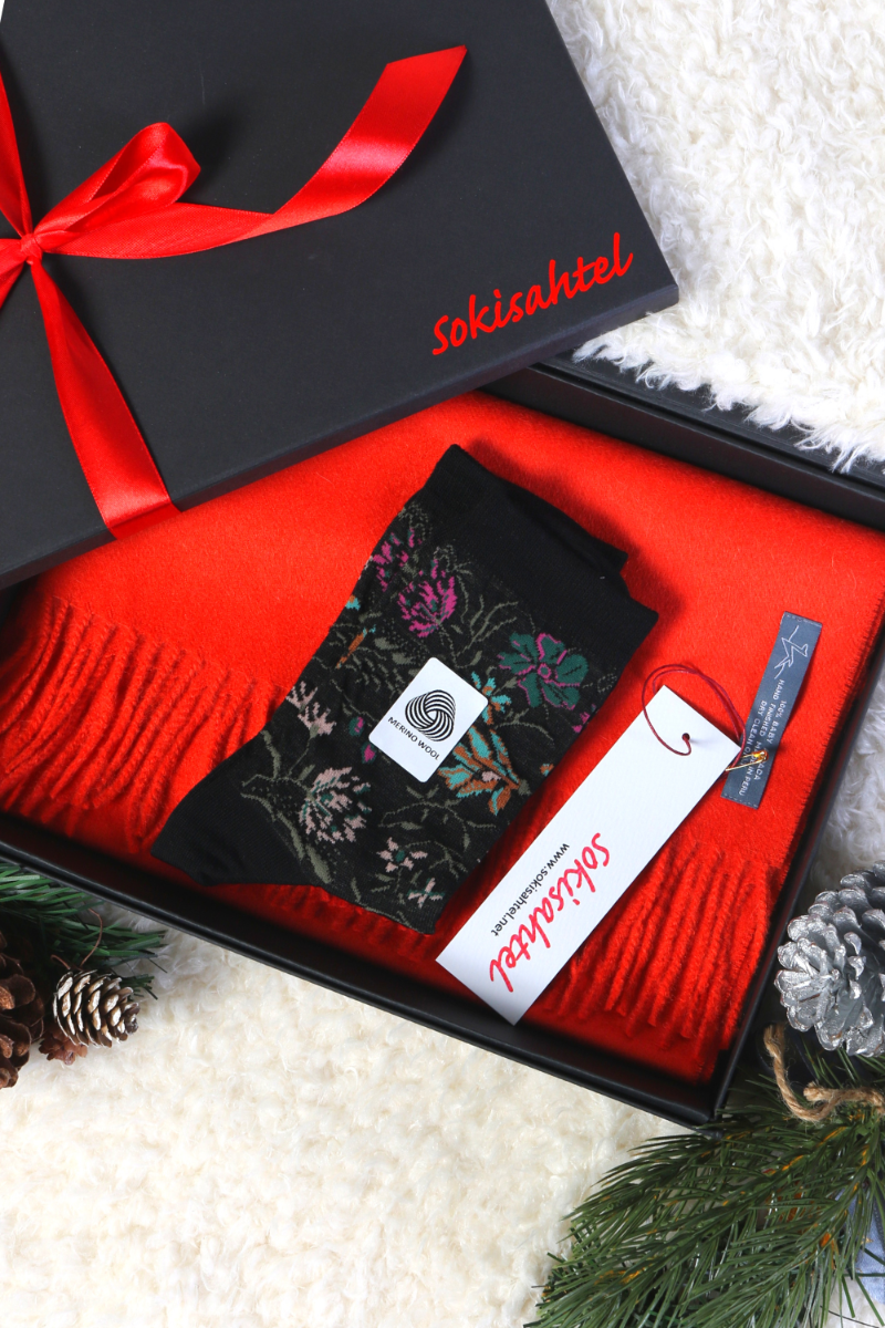 Alpaca wool orange scarf and black MIINA socks gift box for women